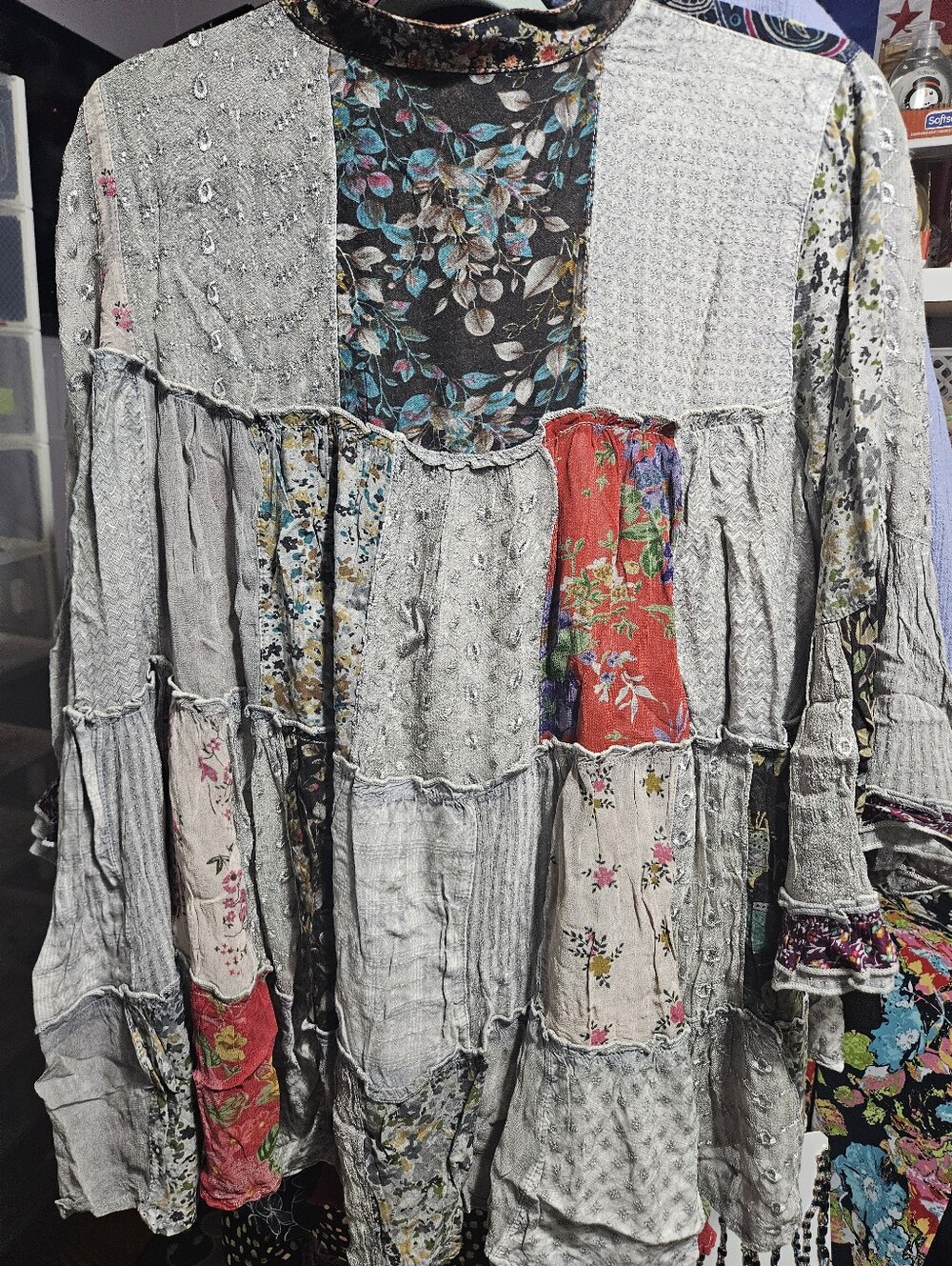 354 Young Threads Grey Floral Patchwork Long Sleeve Tiered Dress - Picture 3 of 4